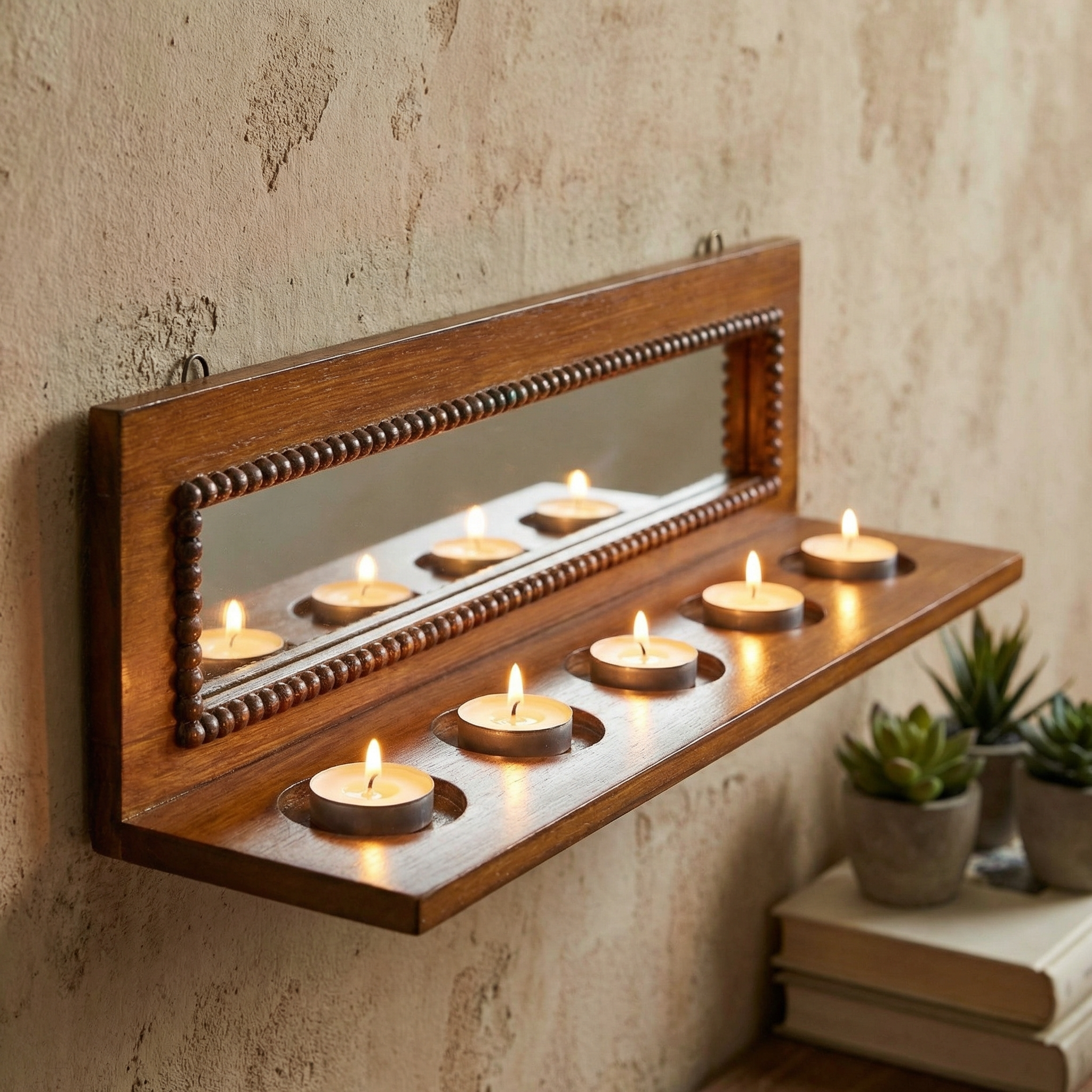 Ahşap duvara monte dekoratif mumluk modeli sıcak ve rustik ev dekorasyonu