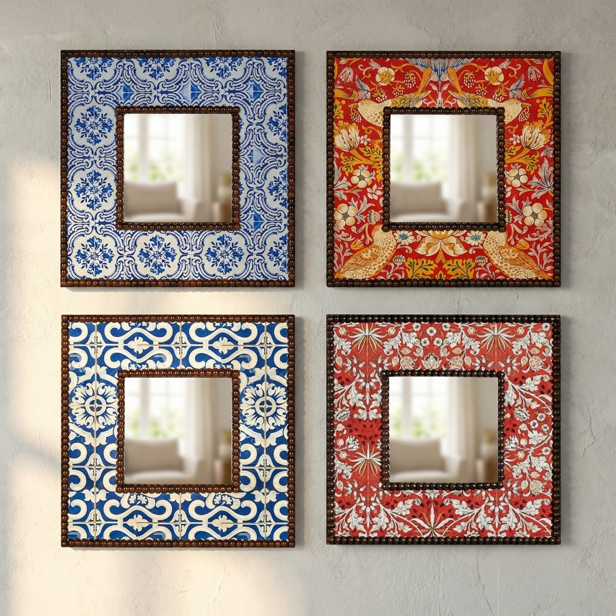 Renkli çerçeveli dekoratif duvar aynaları ile yaşam alanlarında sanatsal stil