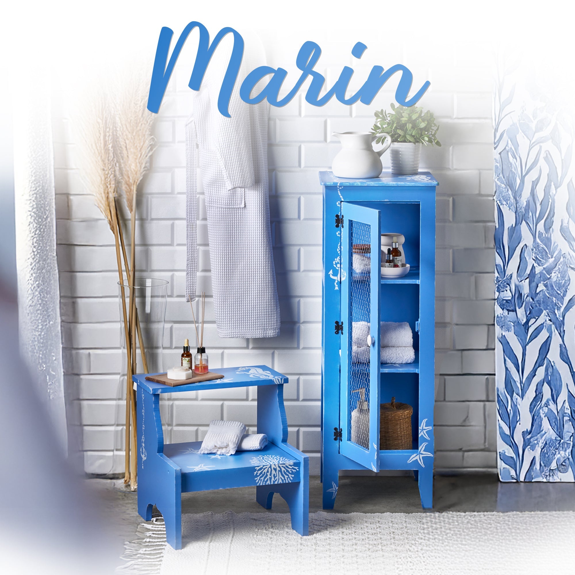 Marin koleksiyonu mavi tonlarda deniz temalı dekoratif mobilyalar