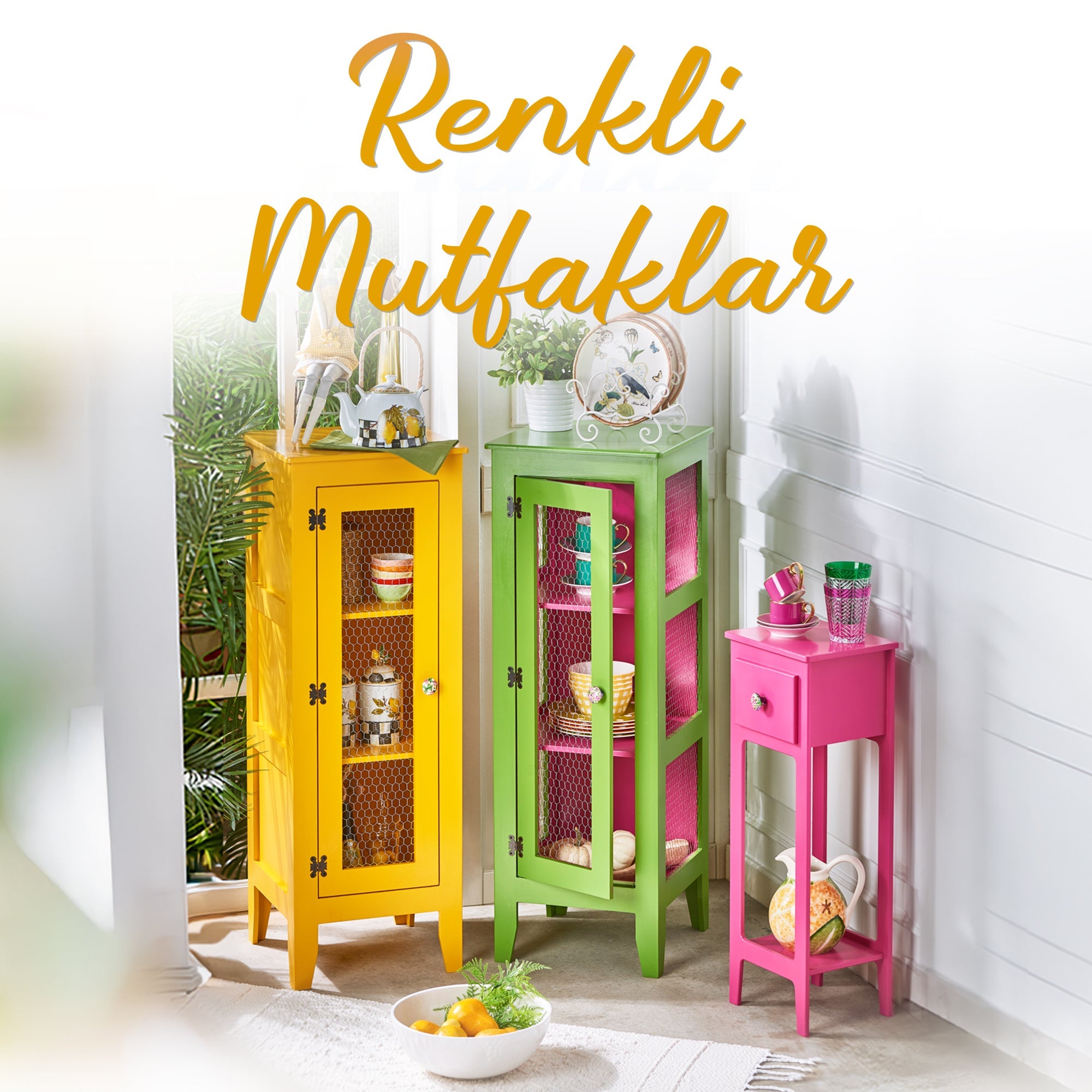 Renkli Mutfaklar Koleksiyonu sarı yeşil ve pembe renkli dekoratif mutfak dolapları