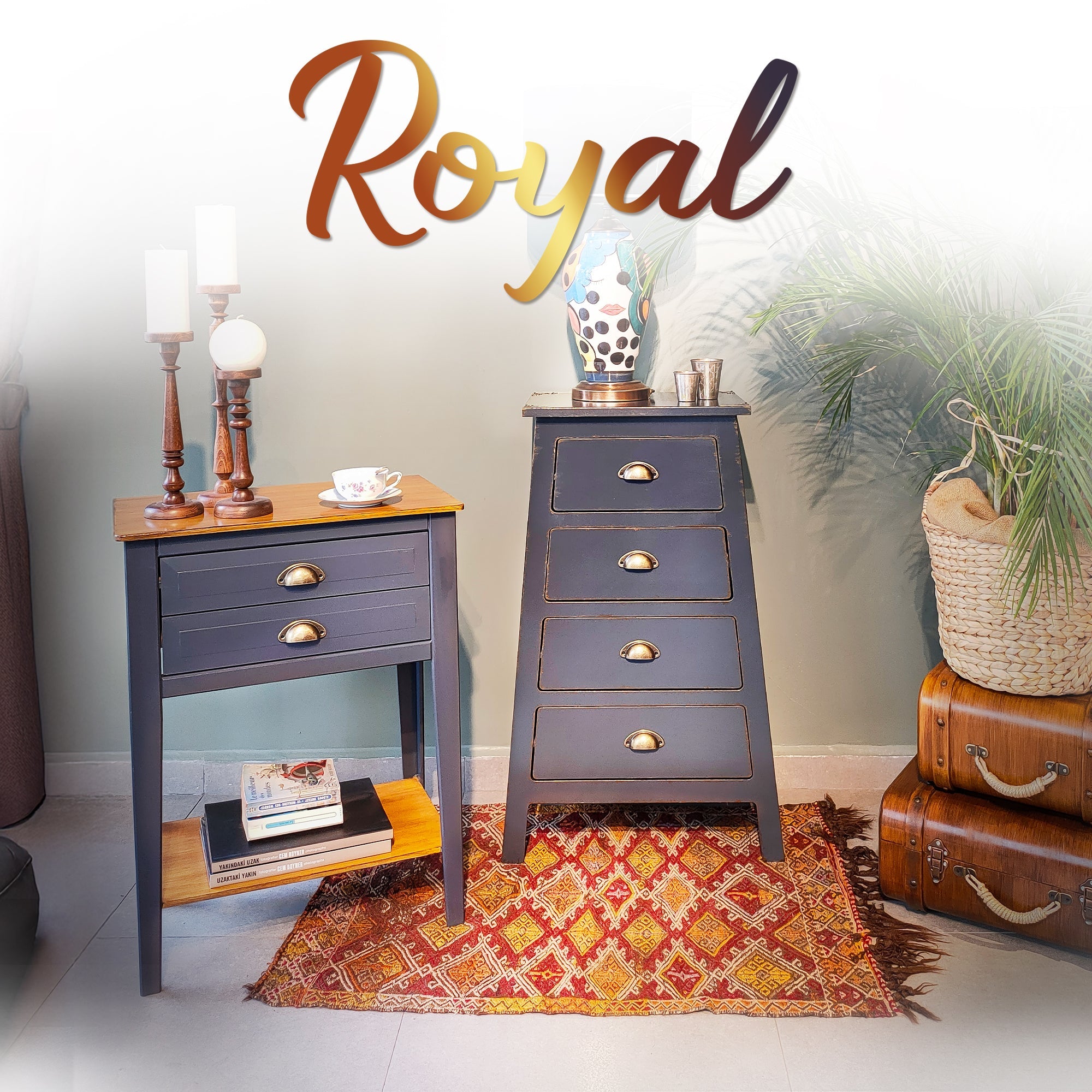 Royal Koleksiyonu lacivert ve altın detaylı klasik stil dekoratif mobilyalar