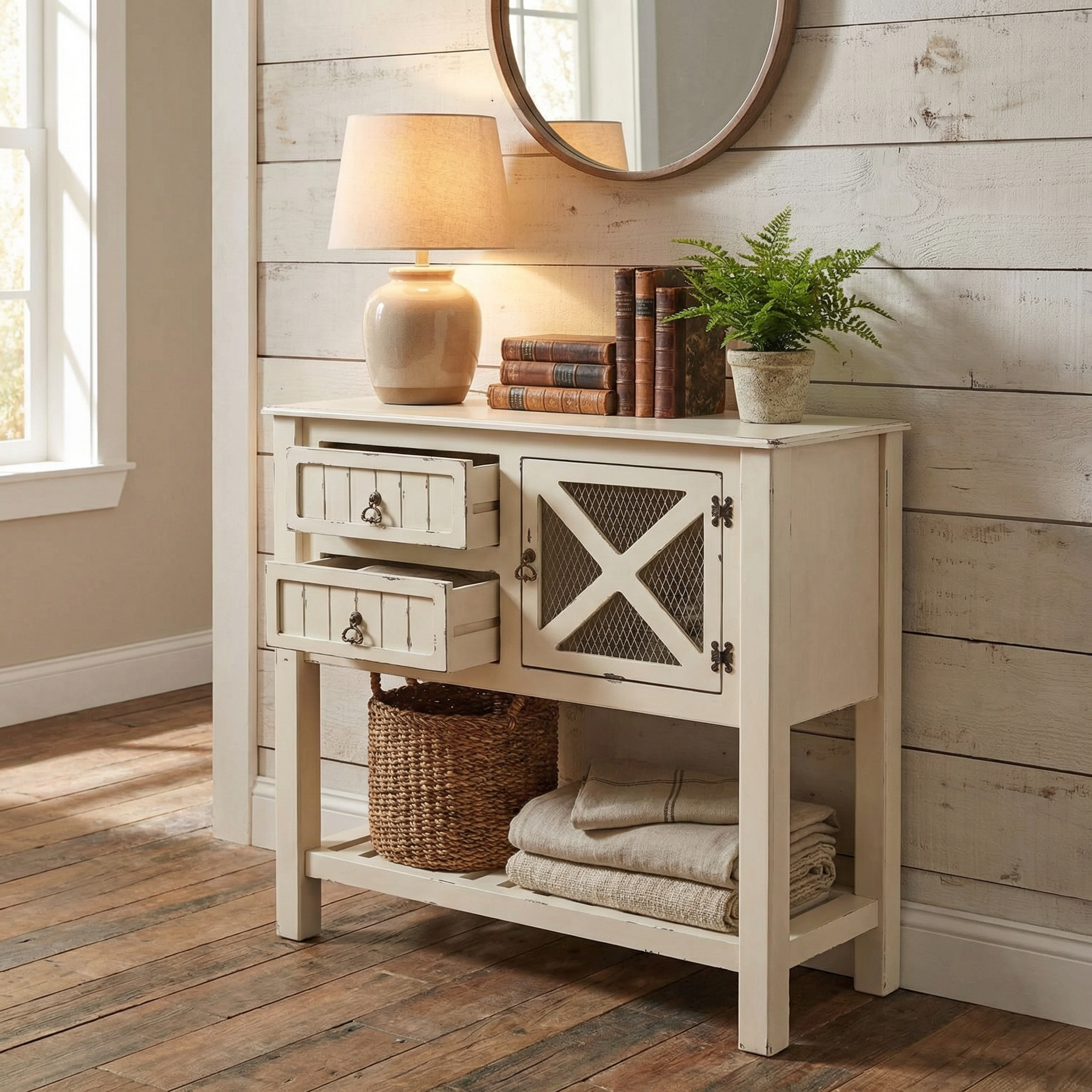 Alaçatı Dresuar rustik beyaz ahşap dekoratif antre dresuarı