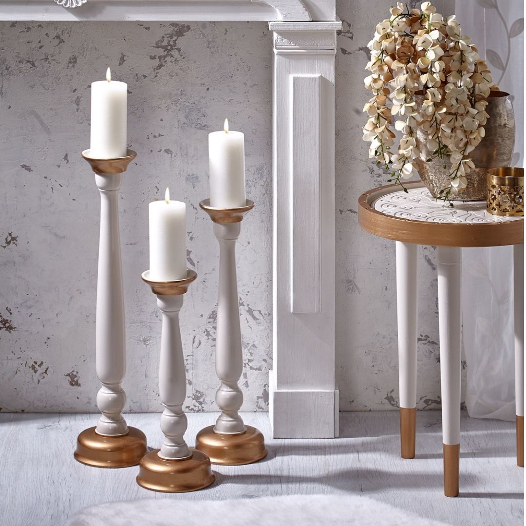 Beyaz Friendly Ahşap Üçlü Şamdan üç farklı boyda dekoratif ahşap şamdan seti