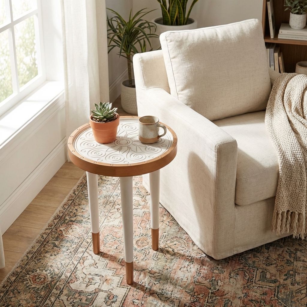 Aydınlık bir odada, krem rengi puf dokulu bir halının üzerinde duran, beyaz ve doğal ahşap detaylı yuvarlak yan sehpa. Sehpanın üst yüzeyinde kabartmalı sarmal desenler bulunur; üzerinde bir kupa kahve, üst üste dizili kitaplar ve küçük bir sukulent saksısı yer alıyor. Arka planda bej bir koltuk ve tül perdeli bir pencere görülüyor.