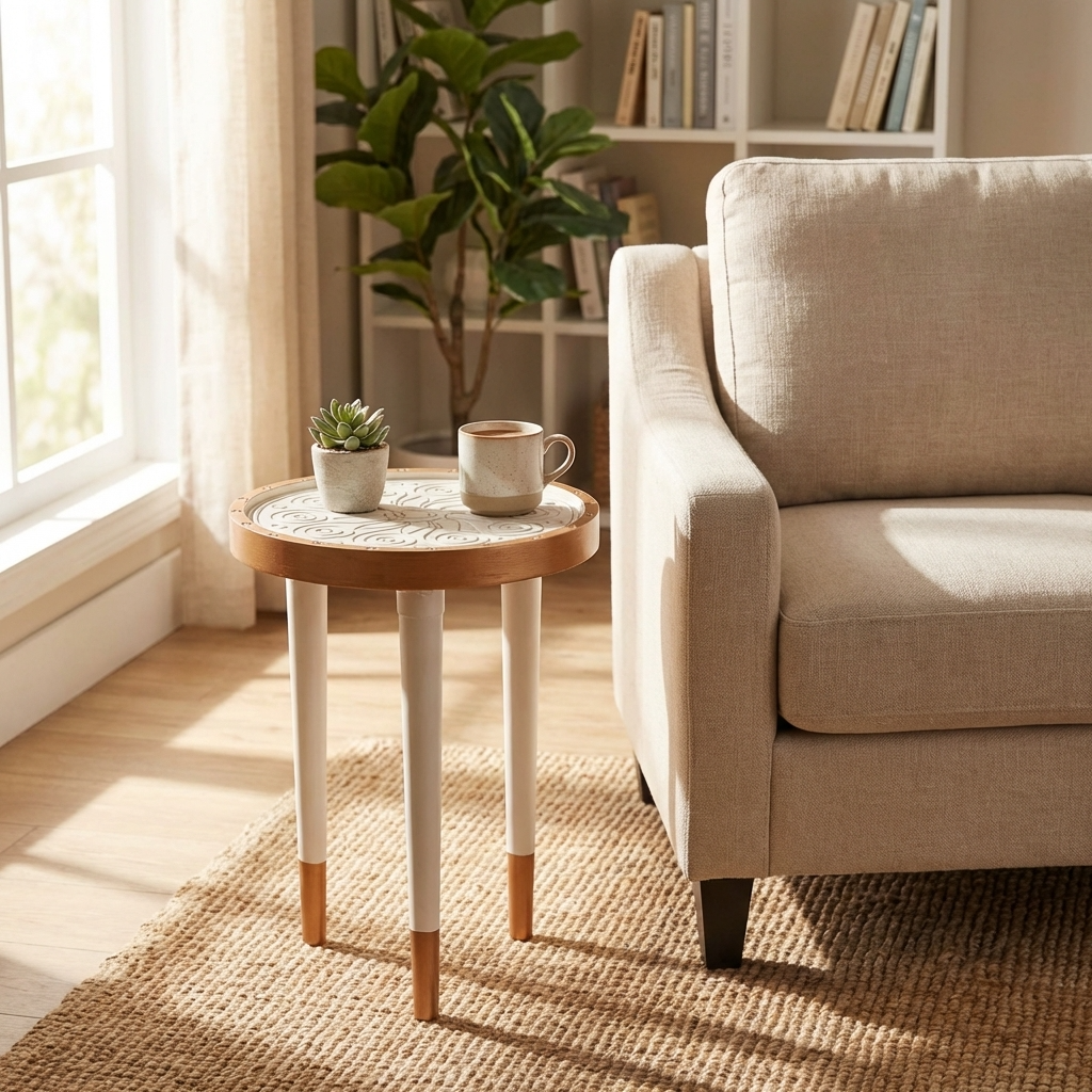 Aydınlık bir odada, krem rengi puf dokulu bir halının üzerinde duran, beyaz ve doğal ahşap detaylı yuvarlak yan sehpa. Sehpanın üst yüzeyinde kabartmalı sarmal desenler bulunur; üzerinde bir kupa kahve, üst üste dizili kitaplar ve küçük bir sukulent saksısı yer alıyor. Arka planda bej bir koltuk ve tül perdeli bir pencere görülüyor.