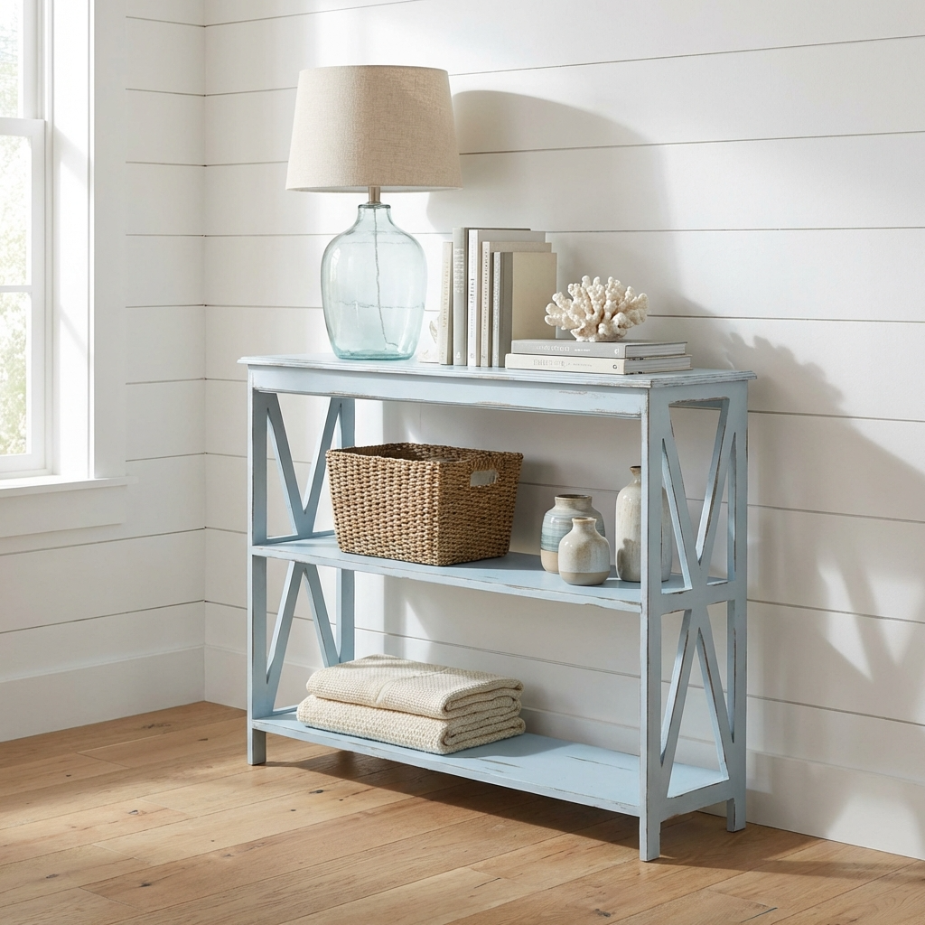 İmbat dresuar açık mavi dekoratif raflı dresuar kullanım görünümü