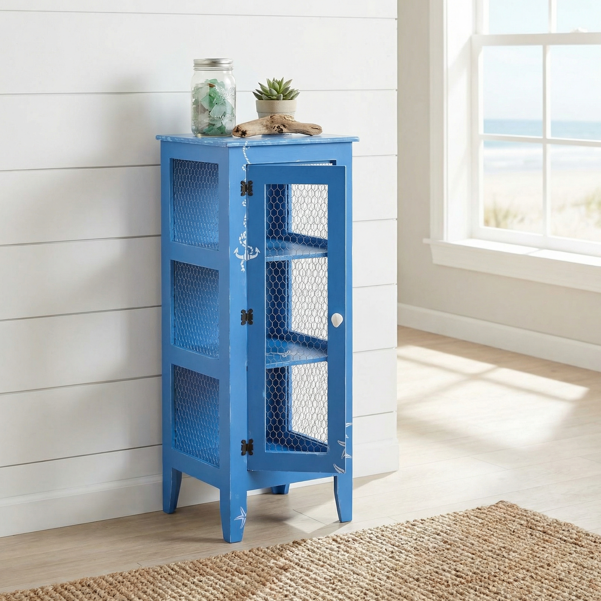 Marin tel dolap yaşam alanında dekoratif kullanım görünümü