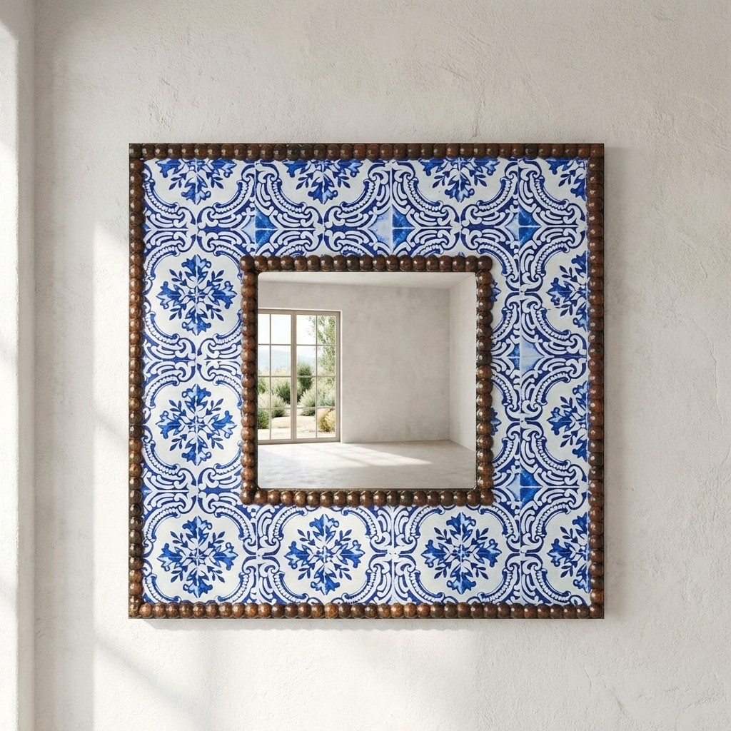 Mavi Çini Desenli Ayna mavi çini motifli dekoratif çerçeveli ayna modeli