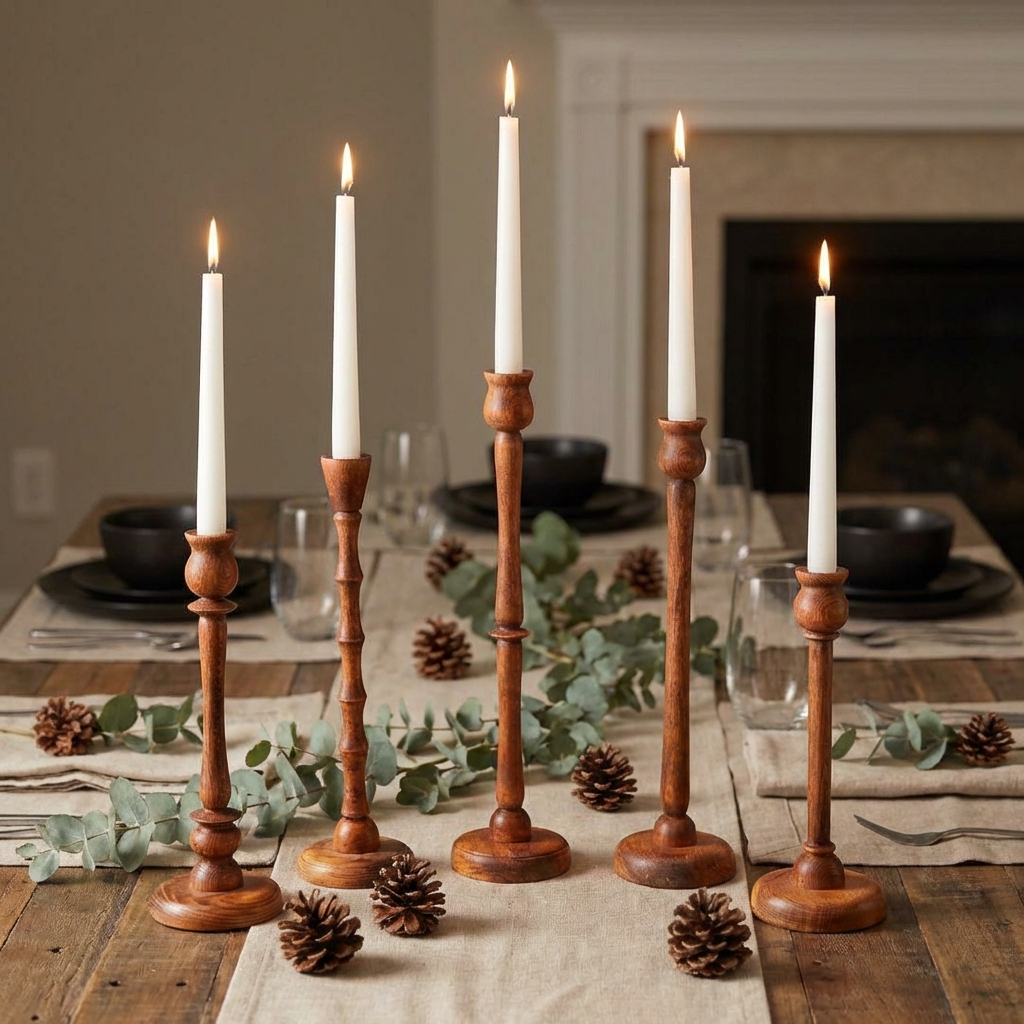 Şamdan modeli doğal ahşap dokulu dekoratif mumluk