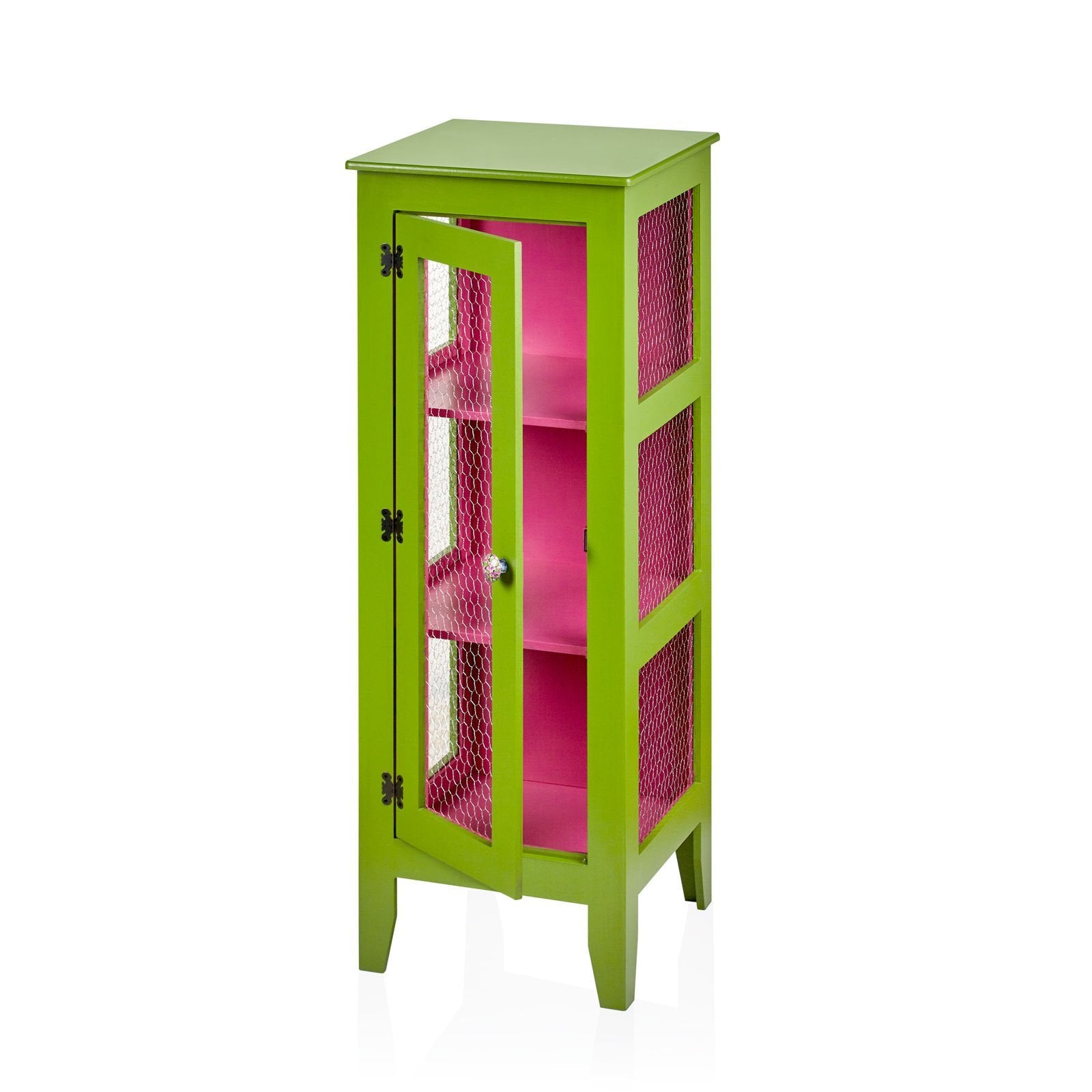 Yeşil Tel Dolap yeşil gövdeli pembe iç detaylı dekoratif tel kapaklı dolap